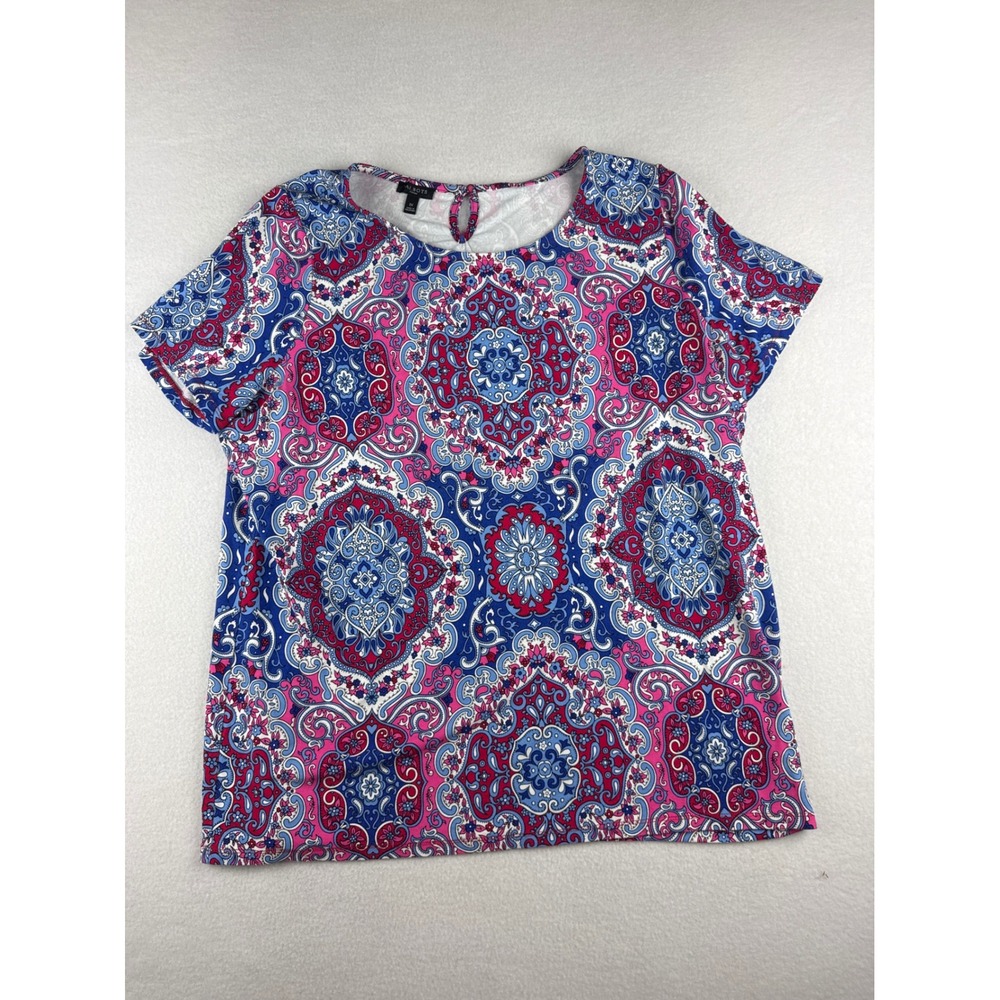Talbots Woman 1X Pink Blue Paisley Medallion Short Sleeve Knit Top PH2807